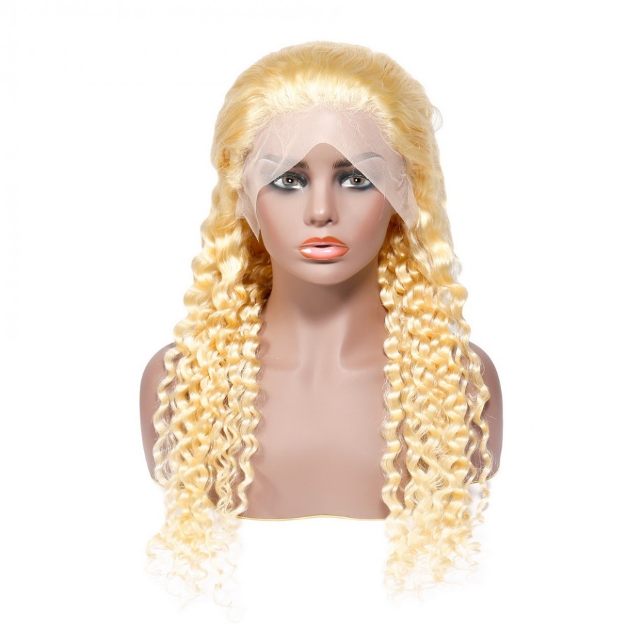 Cheap 613 Honey Blonde Color Full Lace Wigs Deep Wave 150 Density